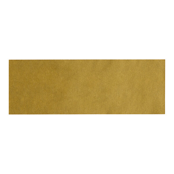 A rectangular brown paper napkin band with a white background and gold text.