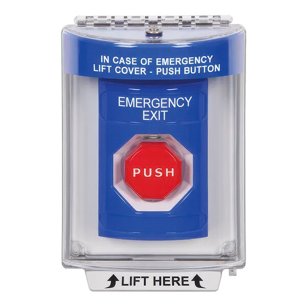 A blue "Emergency Exit" push button switch with a blue cover and white text.