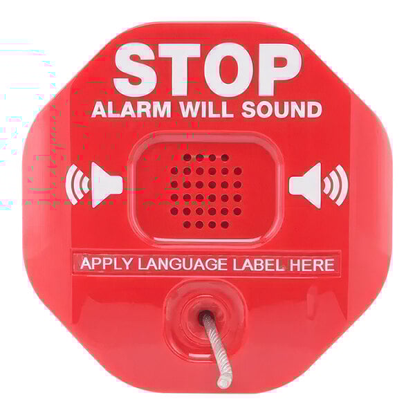 A Fire Extinguisher Theft Stopper with a red cover over a red alarm button.