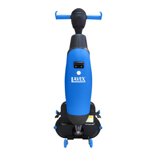 A blue and black Lavex cordless walk-behind floor scrubber with scrub brushes.