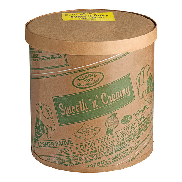 A round white container of Klein's Real Kosher Vegan Butter Pecan Ice Cream with a lid.