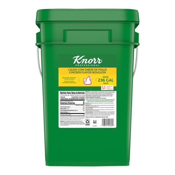 A green bucket with white text and a yellow label that says "Knorr Caldo de Pollo Chicken Bouillon Base"