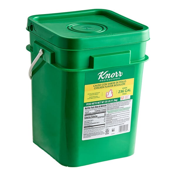 A green bucket of Knorr Chicken Bouillon with a white lid and handle.