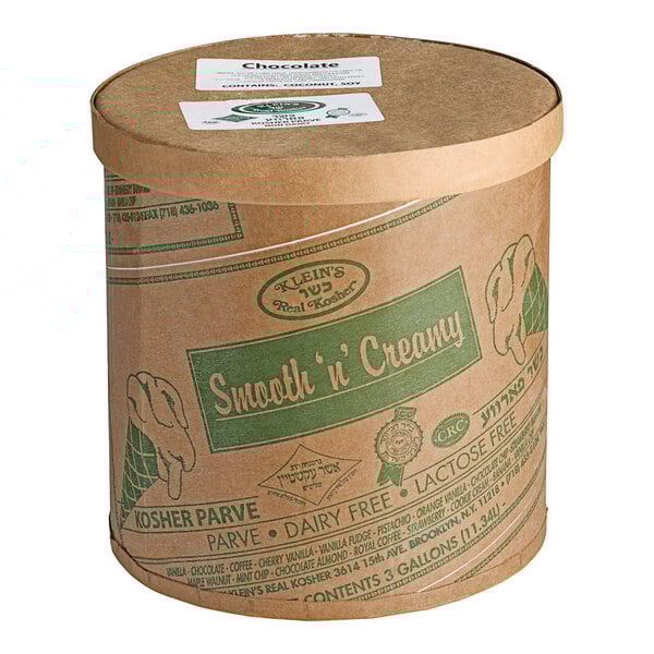 A brown round container of Klein's Real Kosher Vegan Chocolate Ice Cream with a green lid.