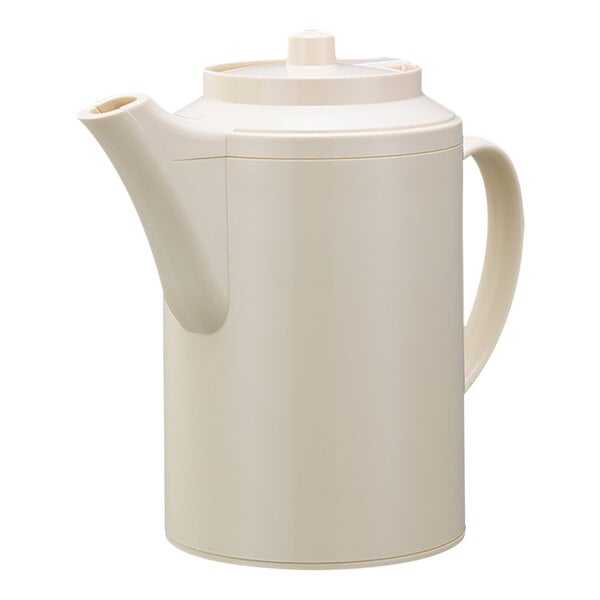 A white double wall plastic teapot with a lid.