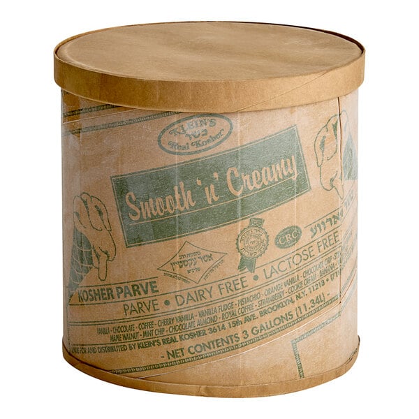 A round white container of Klein's Real Kosher Vegan Strawberry Ice Cream with a lid.