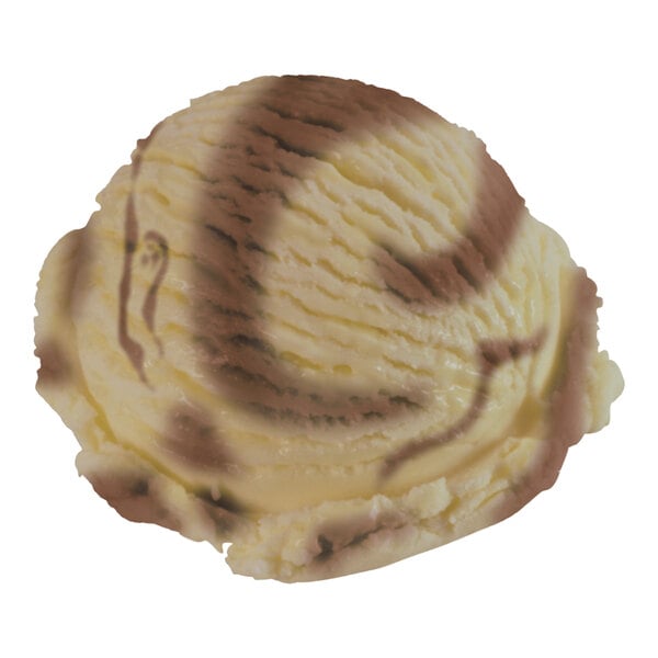 A scoop of Klein's Real Kosher Vegan Coffee Royal ice cream with chocolate and white swirls.