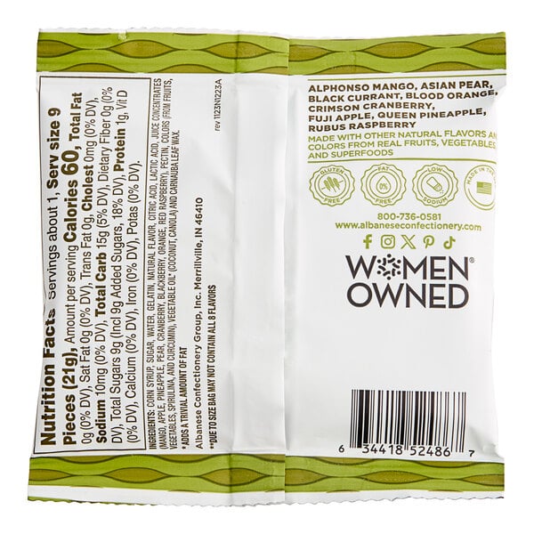 A close up of a white and green Albanese True to Fruit Exotic Fruits Gummi Bears package with black and green text.