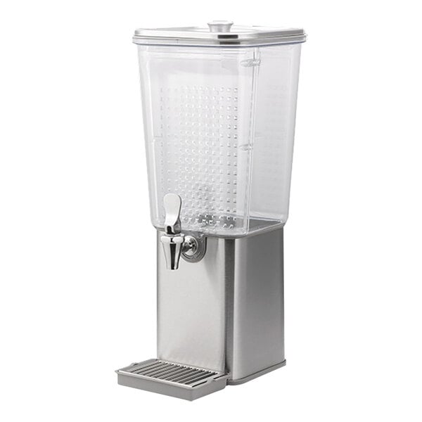A stainless steel Service Ideas cold beverage dispenser with clear Tritan plastic walls and lid.