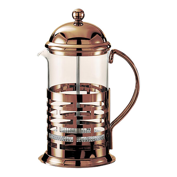 A bronze stainless steel and glass coffee press with the Service Ideas logo on the glass.
