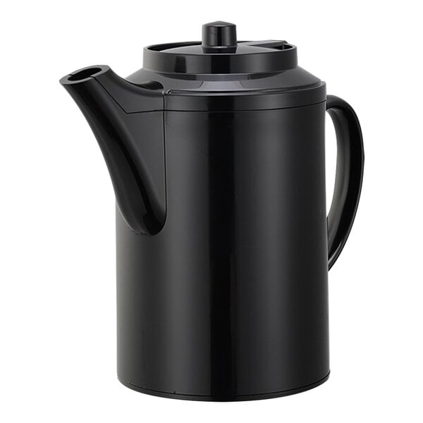 A black Service Ideas plastic teapot with a lid.