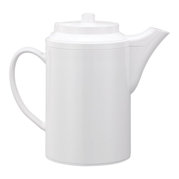 A white Service Ideas double wall plastic teapot with a black lid and handle.