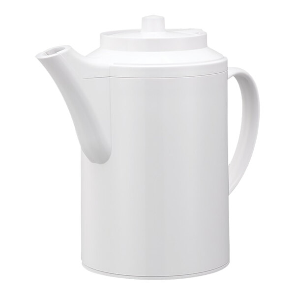 A white Service Ideas double wall plastic teapot with lid on a white background.