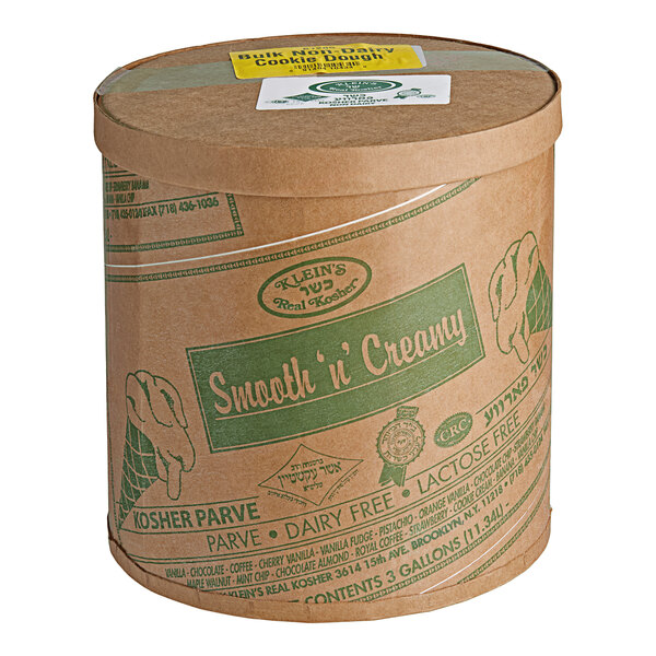 A round container of Klein's Real Kosher Vegan Cookie Dough Ice Cream with a lid.