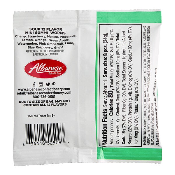 A close-up of a 0.85 oz. packet of Albanese Mini Sour Neon Gummi Worms with a nutrition label.