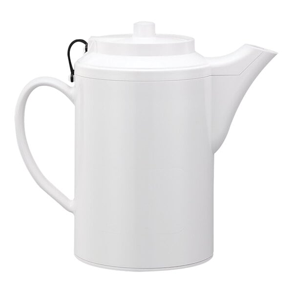 A white Service Ideas teapot with a handle and tethered lid.