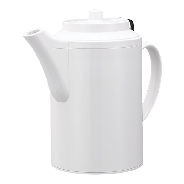 A white double wall plastic teapot with a tethered lid, handle, and spout.