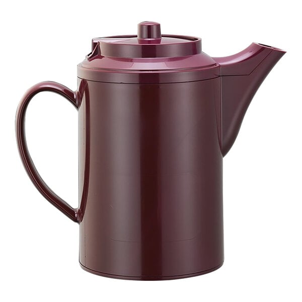 A burgundy double wall plastic teapot with a lid and handle.