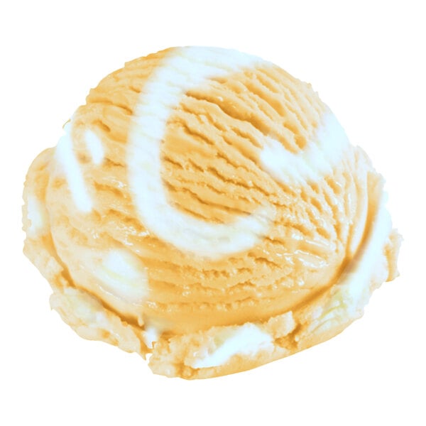A scoop of Klein's Real Kosher Vegan Orange Vanilla Ice Cream with white swirls.