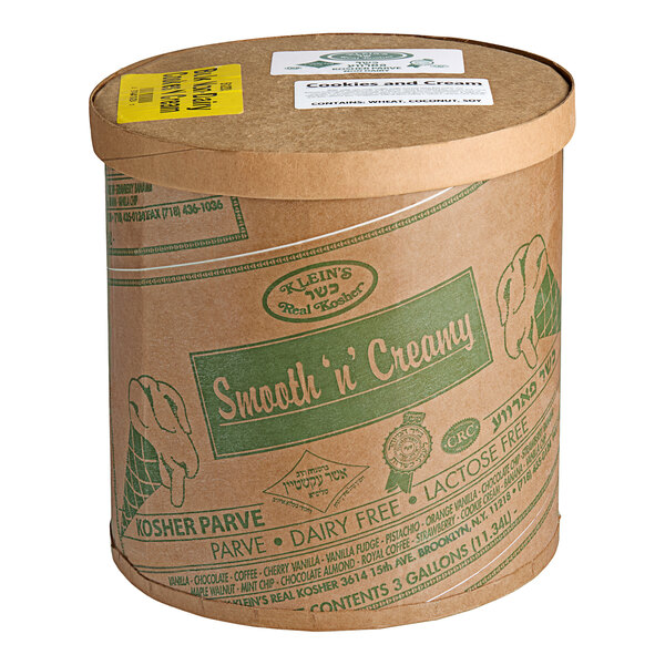 A round container of Klein's Real Kosher Vegan Cookies 'N Cream Ice Cream with a lid.