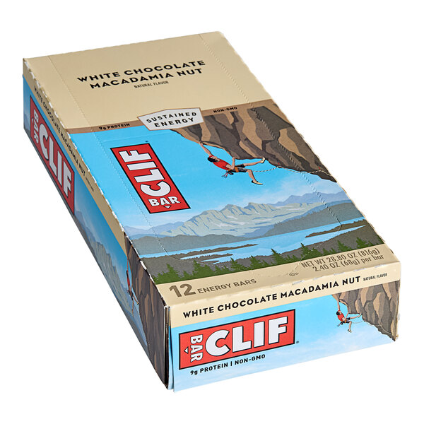 A white box of Clif White Chocolate Macadamia Nut energy bars.