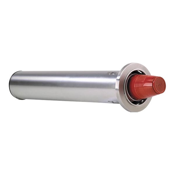 A silver stainless steel cylinder with red adjustment clips.