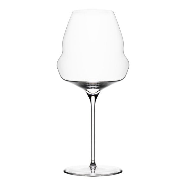 A clear Stolzle Cocoon burgundy wine glass with a long stem and a curved bottom with a white rim.