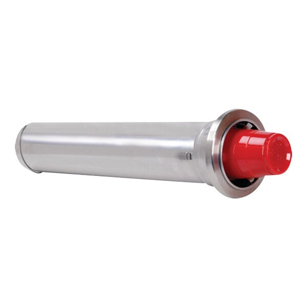A silver stainless steel Dispense-Rite cup dispenser with adjustable clips.
