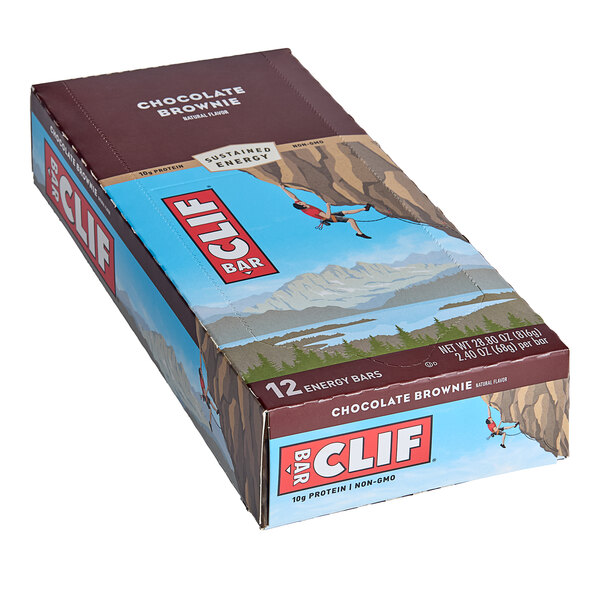 A Clif Bar chocolate brownie on a white background.