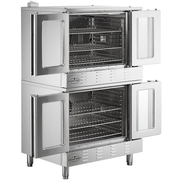 A double deck electric full size convection oven with stainless steel construction and glass panel doors, designed for commercial kitchen use.