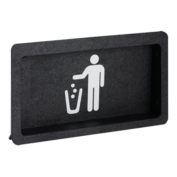 A black rectangular sign with a white stick figure throwing trash into a trash can.