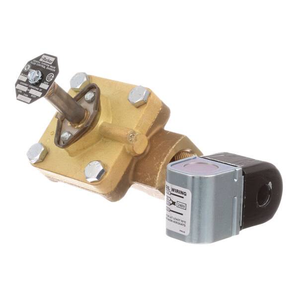 A gold and silver metal AllPoints steam solenoid valve with a metal handle.