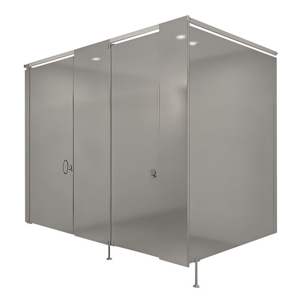 A grey metal Hadrian bathroom stall partition with two doors.