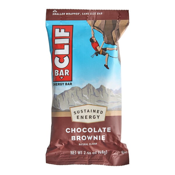 A blue package of Clif Bar Chocolate Brownie energy bars.