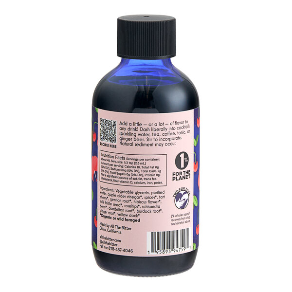 A close up of a bottle of All The Bitter Non-Alcoholic New Orleans-Style Bitters with a label on it.