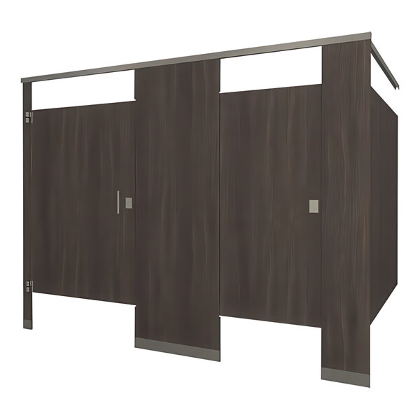 A 3D rendering of a brown Hadrian bathroom stall with two doors.