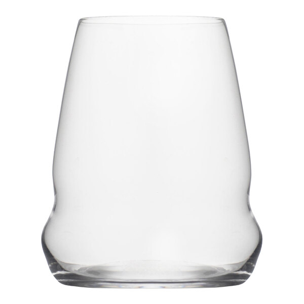 A clear Stolzle Cocoon stemless red wine glass.