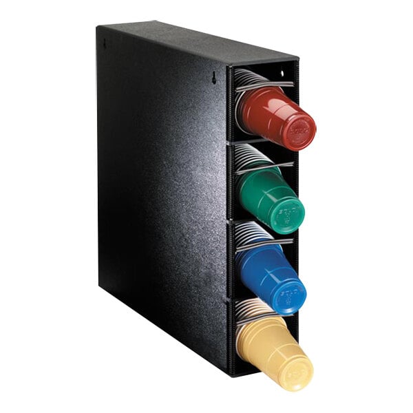 A black container with four sections holding different colored plastic cups.