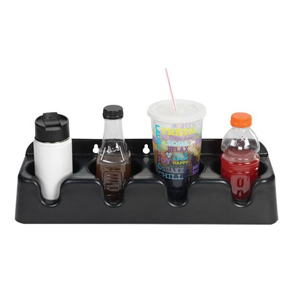 A black Dispense-Rite countertop holder with bottles of brown liquid and a straw.