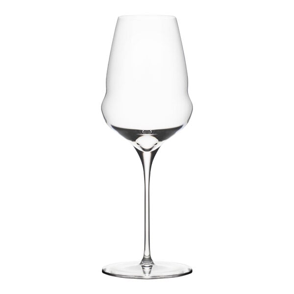 A close-up of a clear Stolzle white wine glass with a stem.