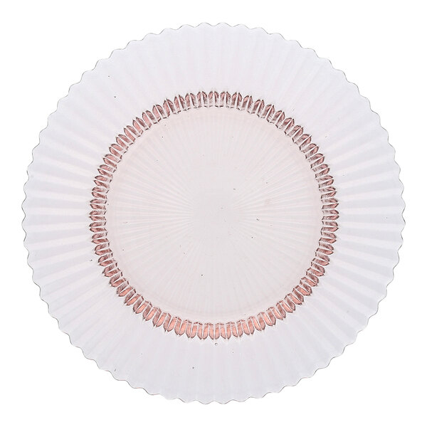 A Fortessa glass salad/dessert plate with a scalloped edge and a pink border.