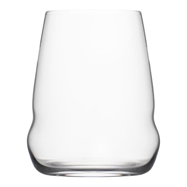 A clear Stolzle stemless white wine glass with a curved bottom.
