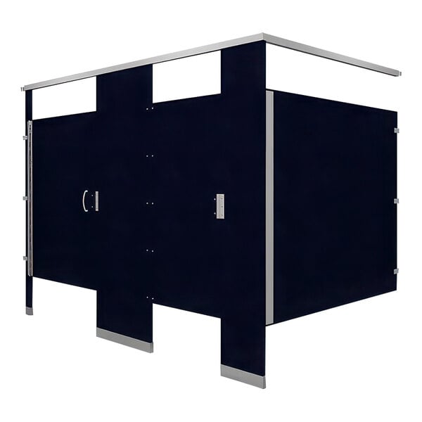 A black Hadrian bathroom stall partition with silver handles.