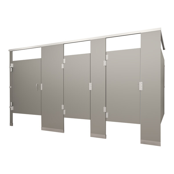 A row of white Hadrian bathroom stall doors with white and black handles.