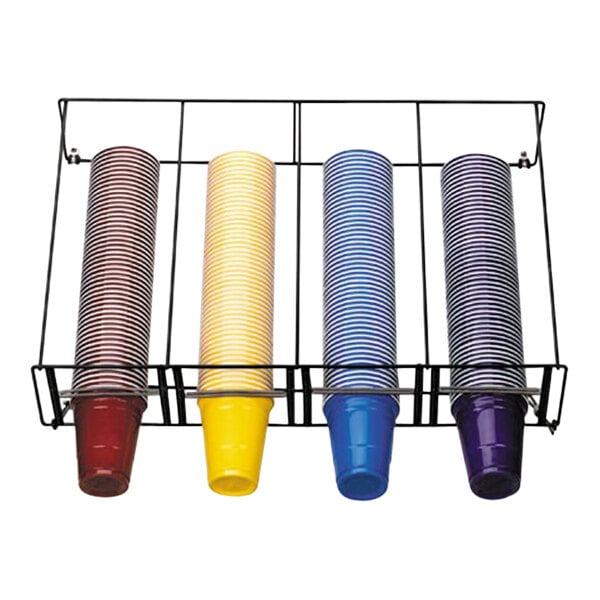 A Dispense-Rite black steel wire cup dispenser rack holding black and white striped cups.