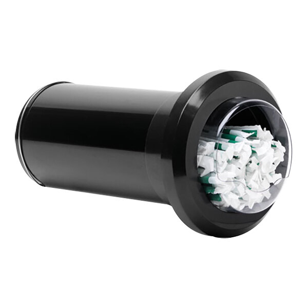 A black cylinder with white straws inside.