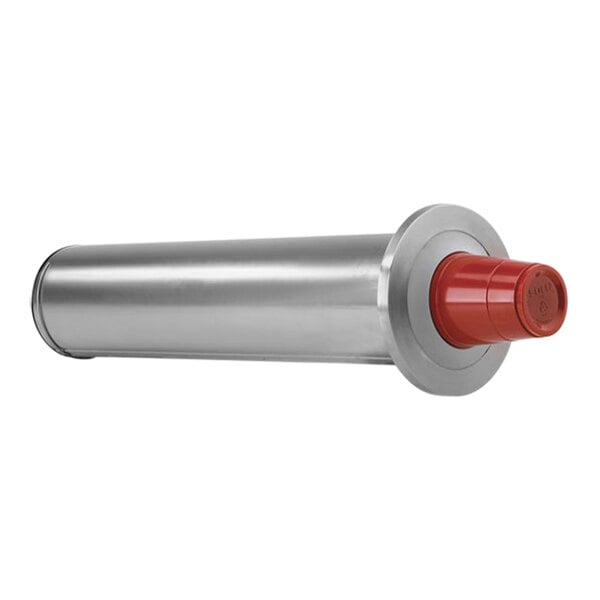 A close-up of a silver cylinder with a red and silver object inside.