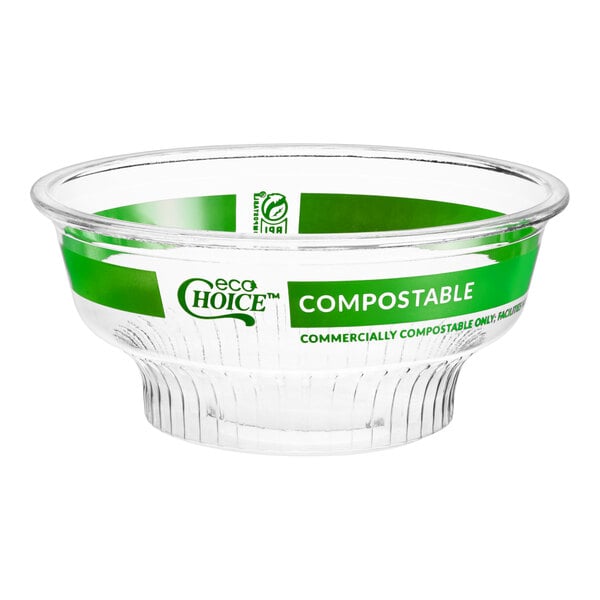 A clear 5 oz. compostable PLA dessert cup with green EcoChoice branding.