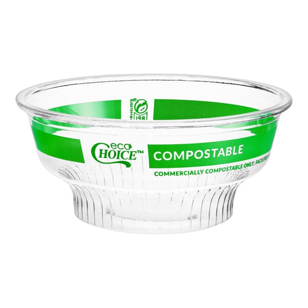 A clear compostable 5 oz. dessert cup with green EcoChoice branding.