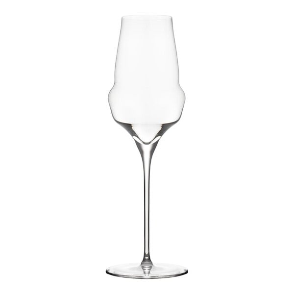 A clear Stolzle wine glass with a stem.